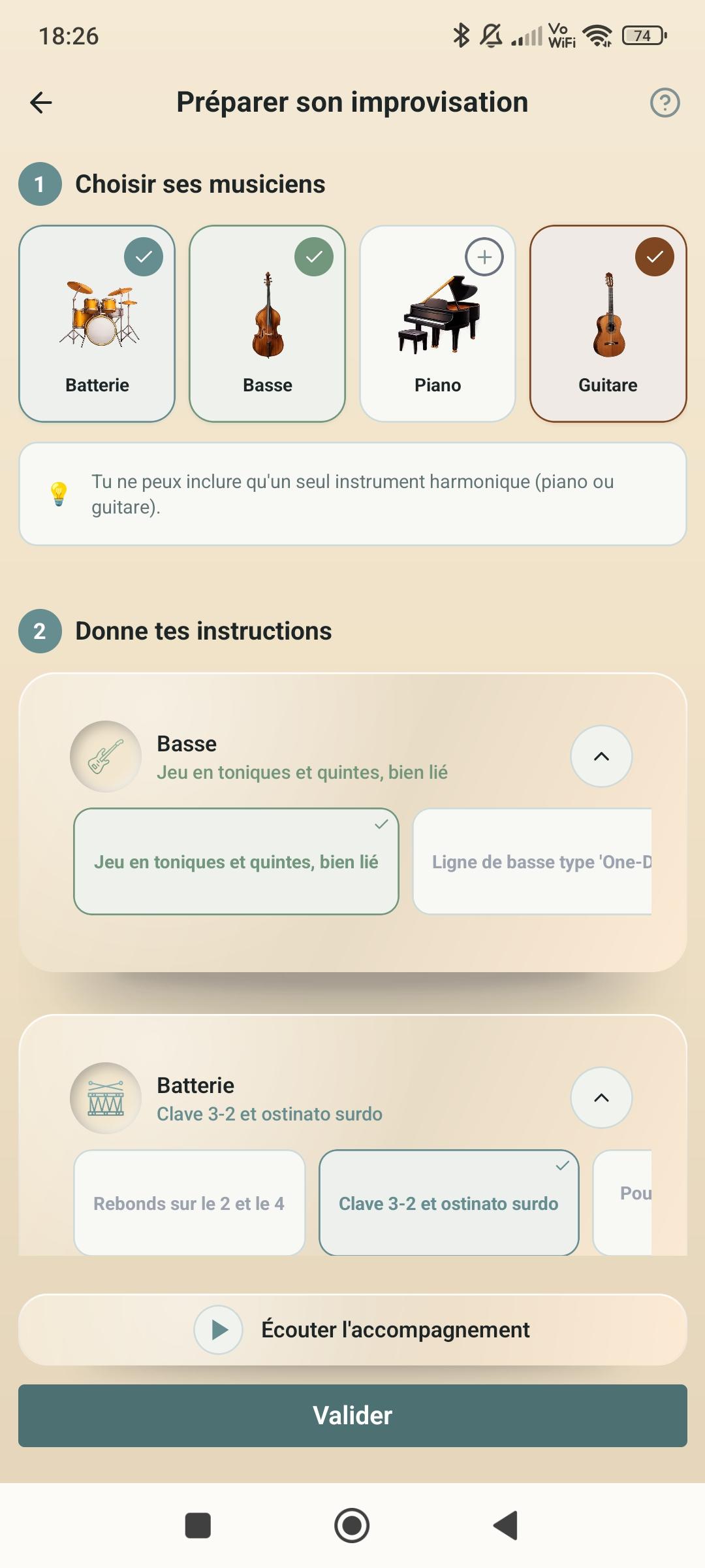 Exercice Pulse — Paramètres du groupe